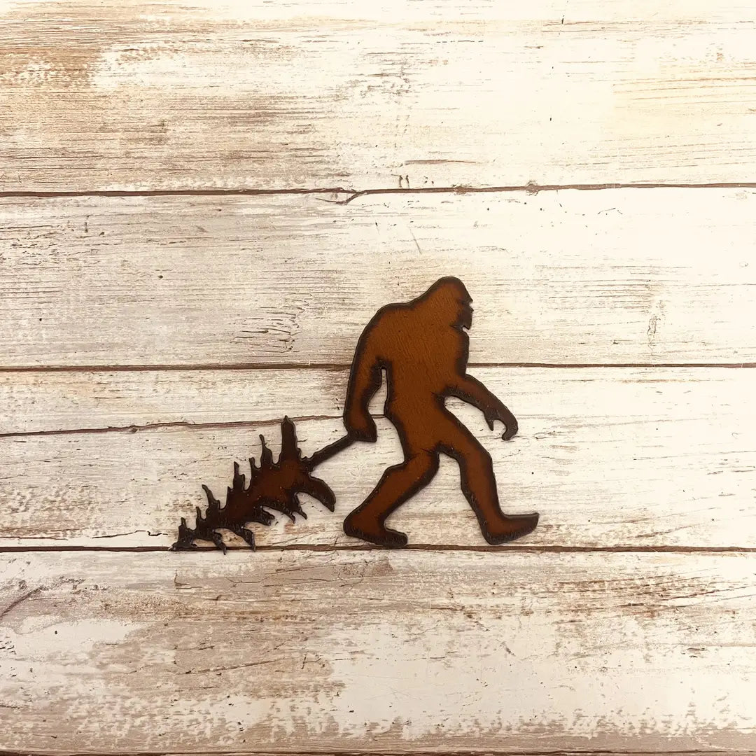 Bigfoot Yeti Sasquatch with Pinetree Rustic Metal Magnet
