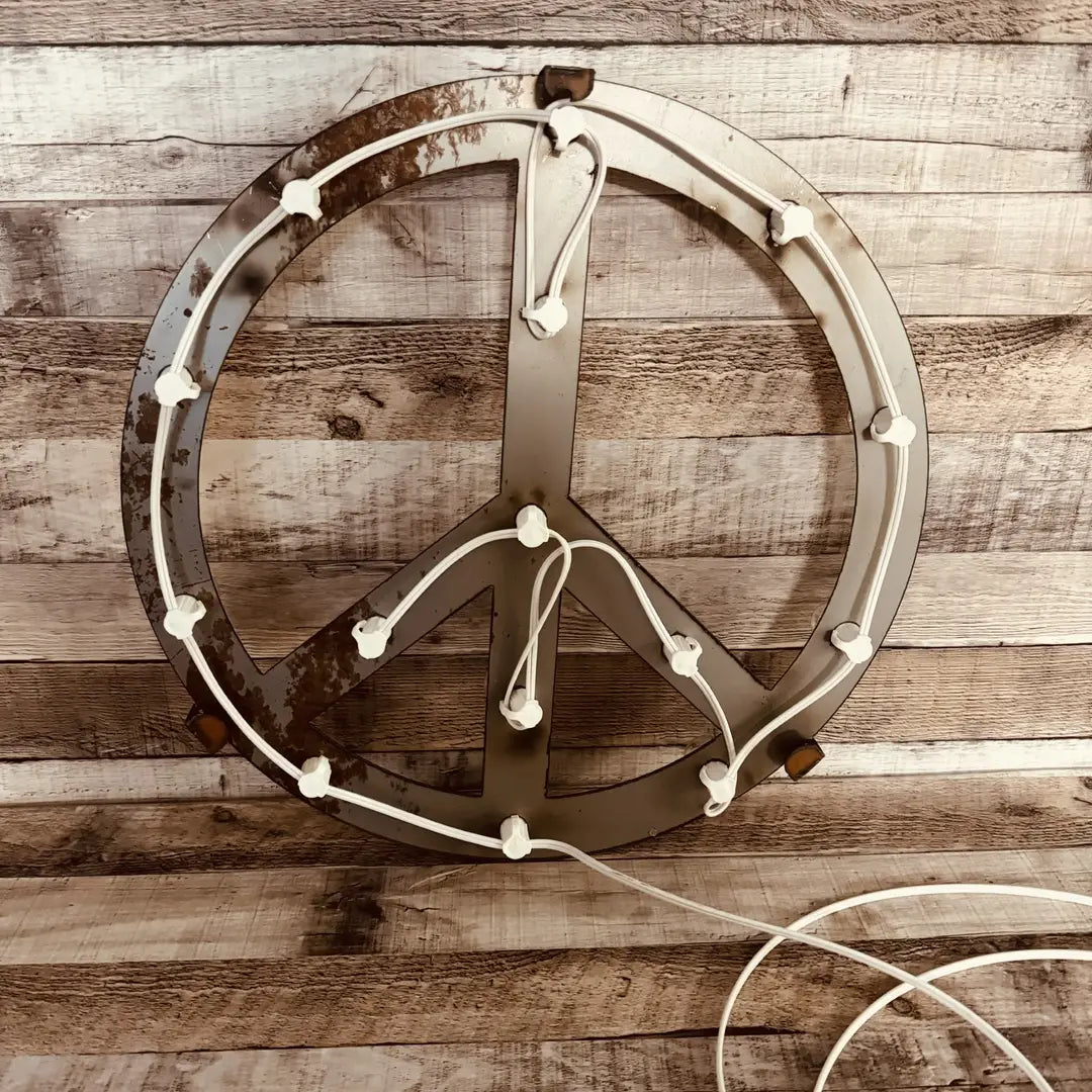 Peace Symbol Rustic Metal Marquee Lighted Hippie Sign
