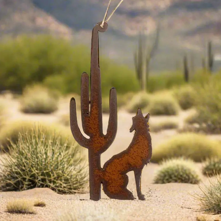 Coyote and Saguaro Cactus Desert Ornament Rustic Metal