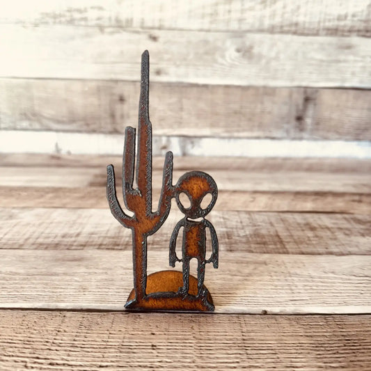 Alien with Cactus Rustic Metal Area 51 Doodad Figurine