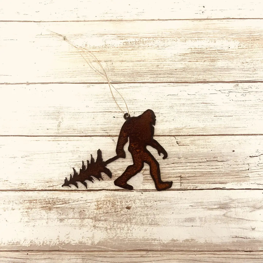 Bigfoot Yeti Sasquatch with Tree Rustic Metal Ornament