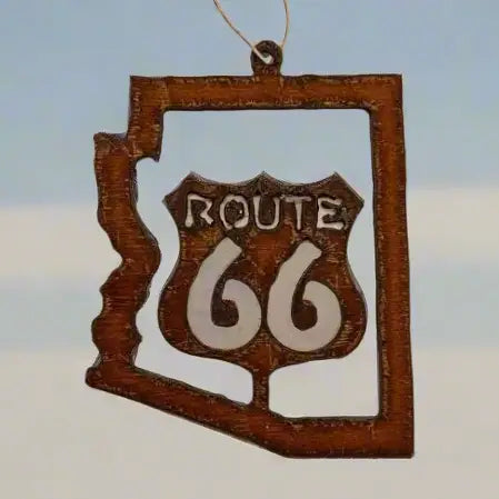 Arizona Outline Ornament with Route 66 Cutout Inside