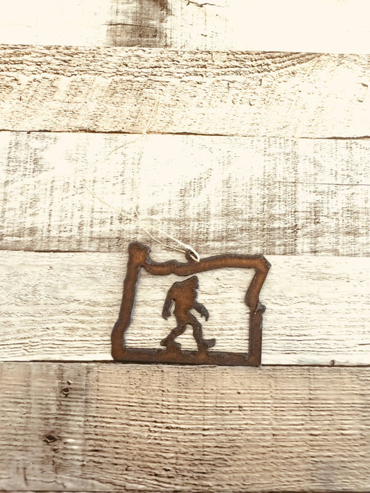 Oregon Outline with Bigfoot Rusted Metal Ornament