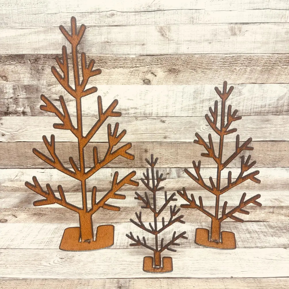 Tree #2  Set/ 3 Holiday Christmas Lodge Rusty Metal Tabletop