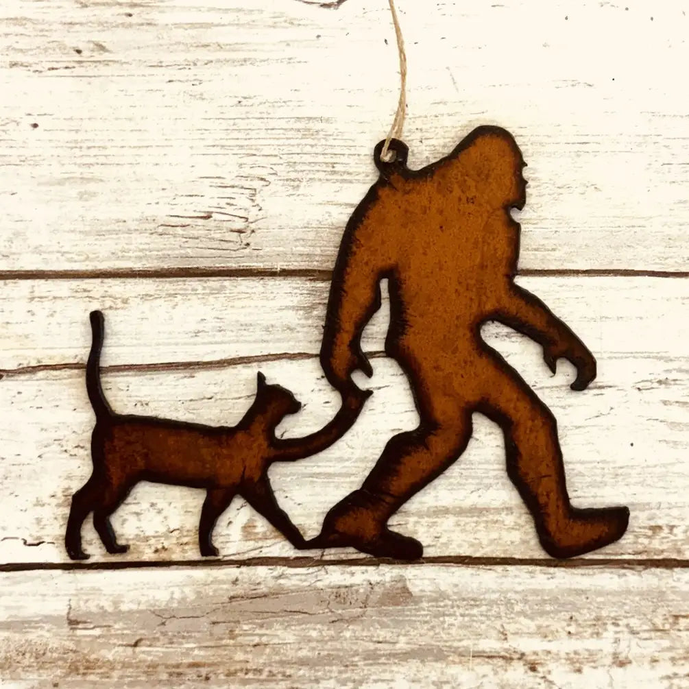 Bigfoot with Cat Rustic Yeti Sasquatch Kitty Metal Ornament