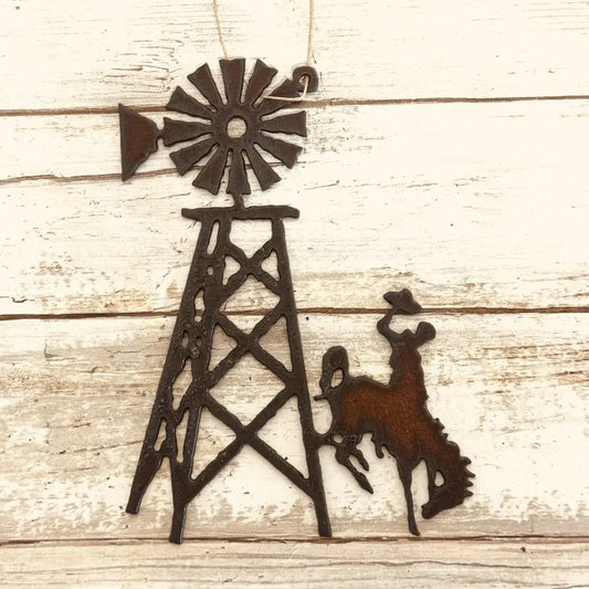 Wyoming Bronc and Windmill Rustic Metal Rodeo Ornament