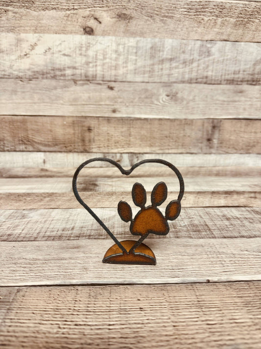 Outline Heart With Paw Rustic Metal Doodad Standing Figurine