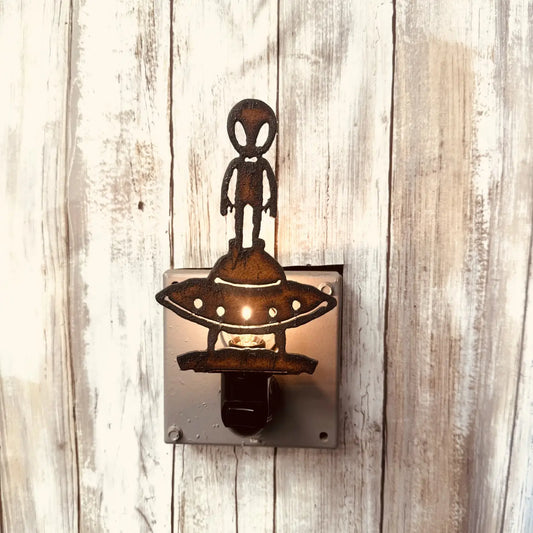 Alien on Flying Saucer Rustic Metal Night light Image