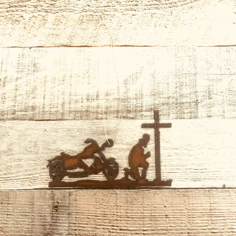 Biker At Cross Motorcycle Memorial Praying Biker Ornament
