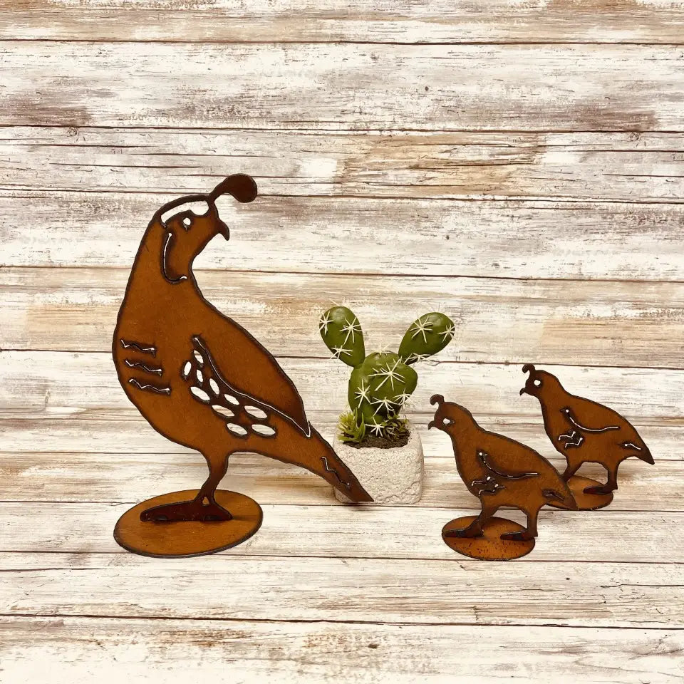 Quail Mom and 2 Babies Two Dimensional  Southwest Garden Art