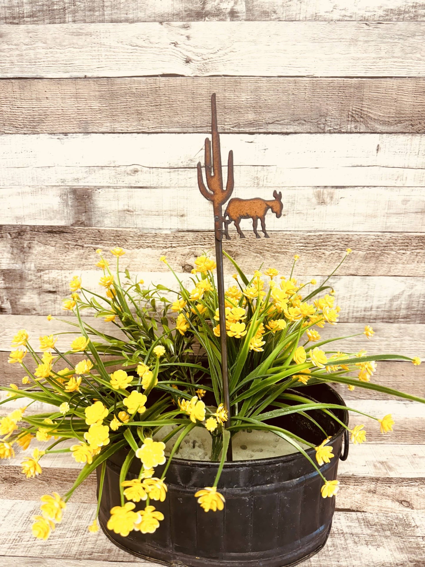Donkey and Cactus Rustic Metal Garden Plant Stake