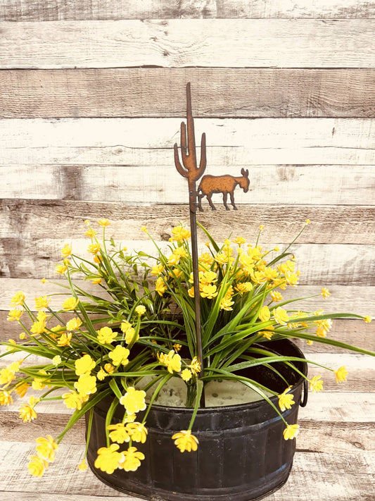 Donkey and Cactus Rustic Metal Garden Plant Stake