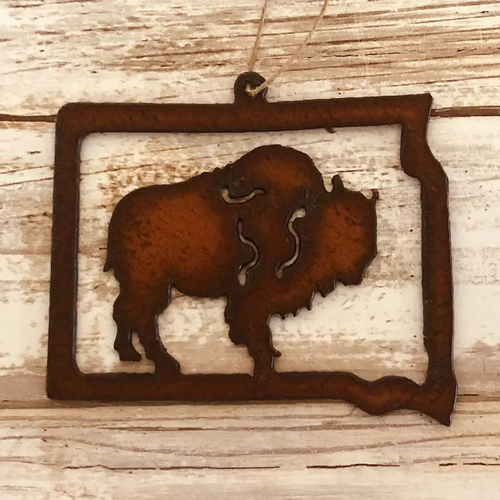 South Dakota Outline with Buffalo Ornament