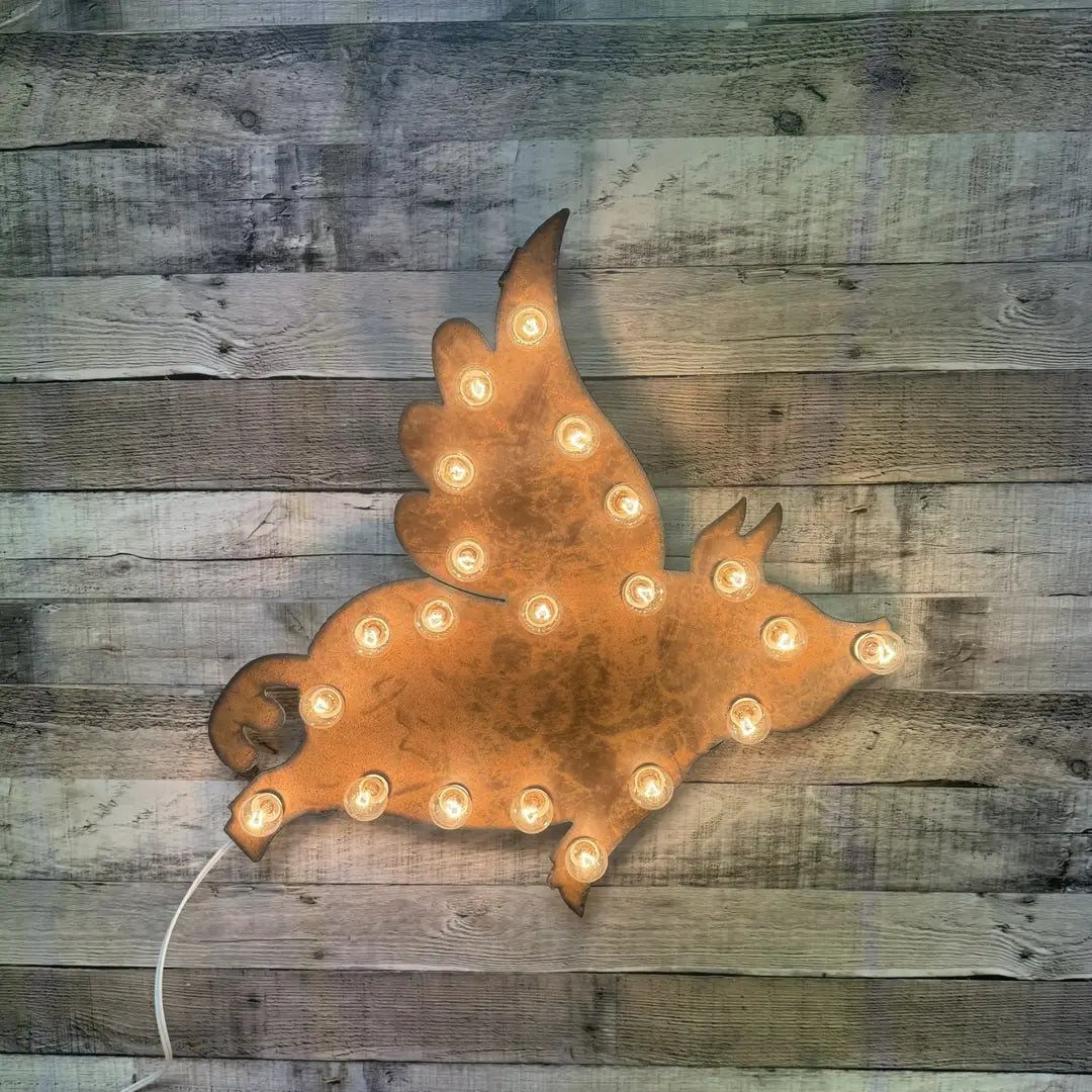 Flying Pig Rustic Lighted Metal Marquee Sign