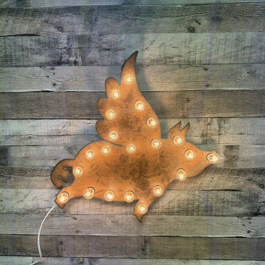 Flying Pig Rustic Lighted Metal Marquee Sign