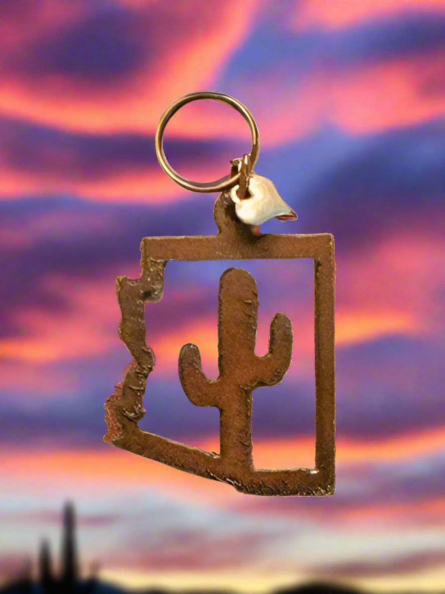 Arizona Outline with Cactus Desert Key Chain Rustic Metal