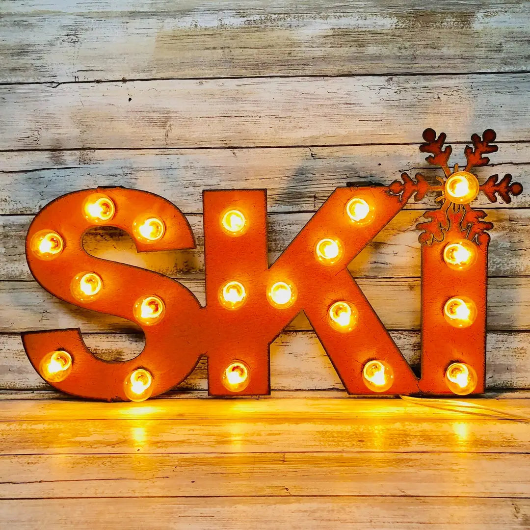 Ski Word Lighted Marquee Rusted Metal Sign Lodge Gift