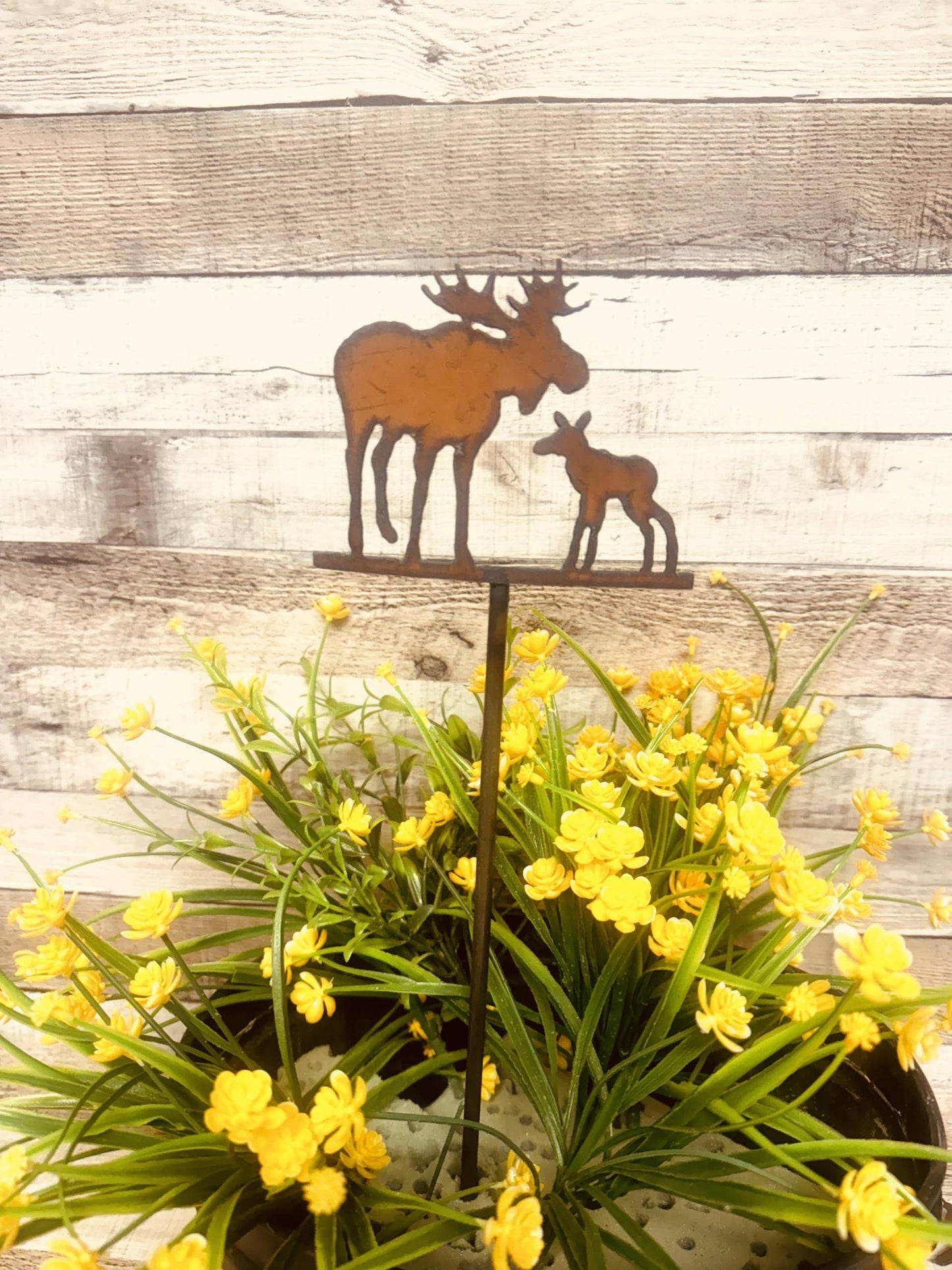 Moose and Baby Rustic Metal Garden Plant Stake