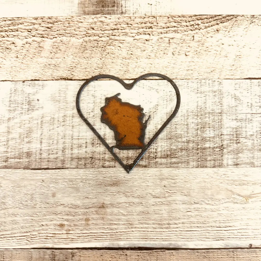 Outline Heart with Wisconsin Rustic Metal Magnet Souvenir