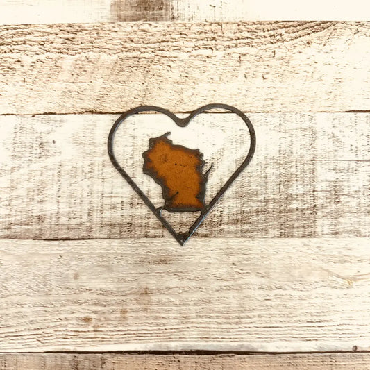 Outline Heart with Wisconsin Rustic Metal Magnet Souvenir