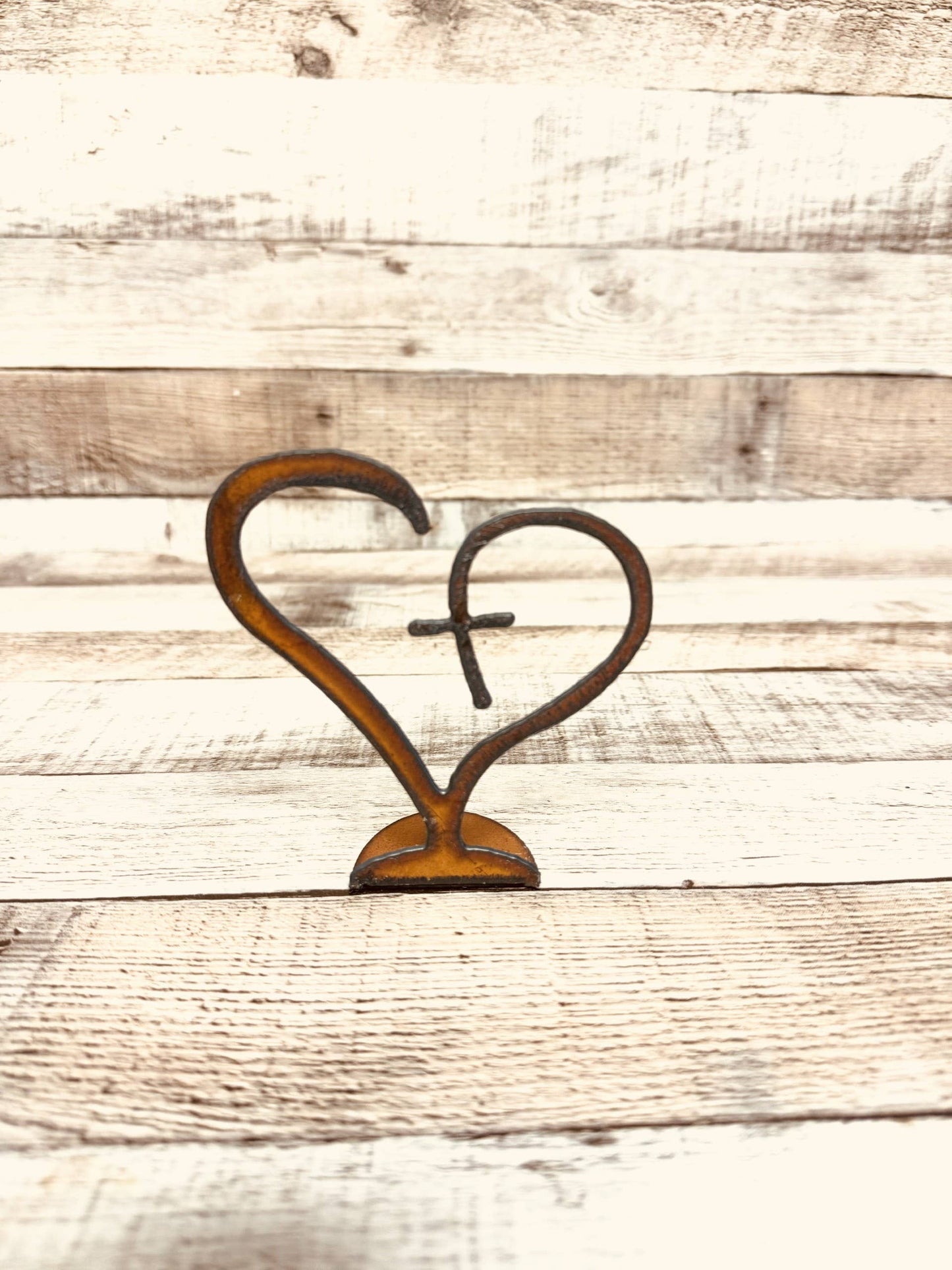 Heart with Cross Rustic Metal Standing Figurine USA MADE