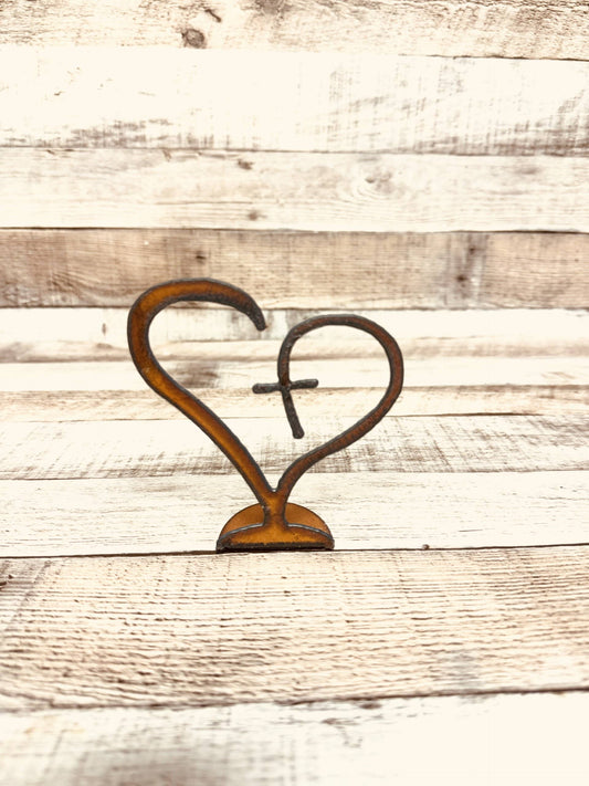Heart with Cross Rustic Metal Standing Figurine USA MADE