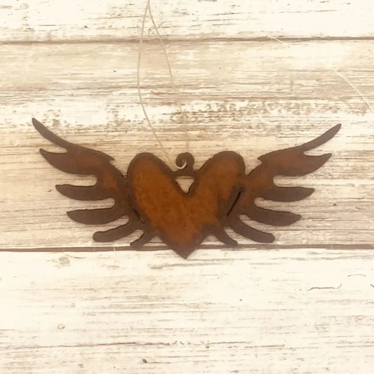 Flying Heart with Wings Rusty Metal Ornament Made in USA