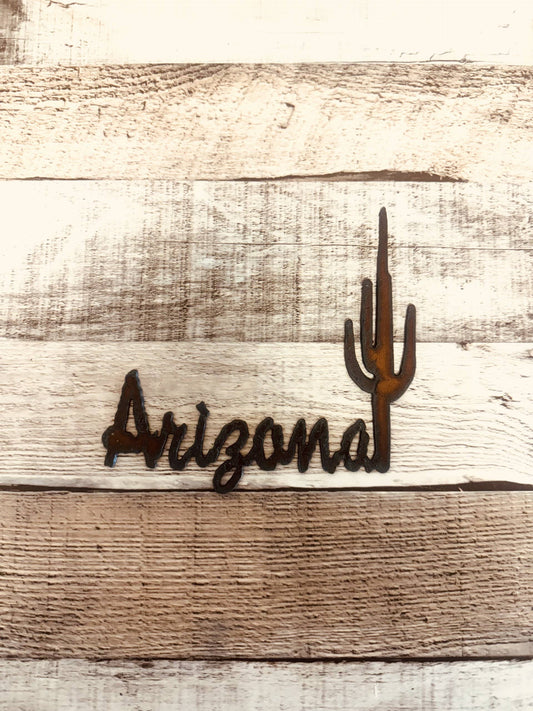 Arizona with Cactus rustic Metal Desert Magnet Made In USA