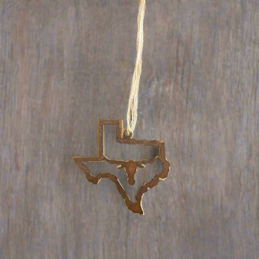 Texas Outline with Longhorn Steer Head Rustic Metal Ornament