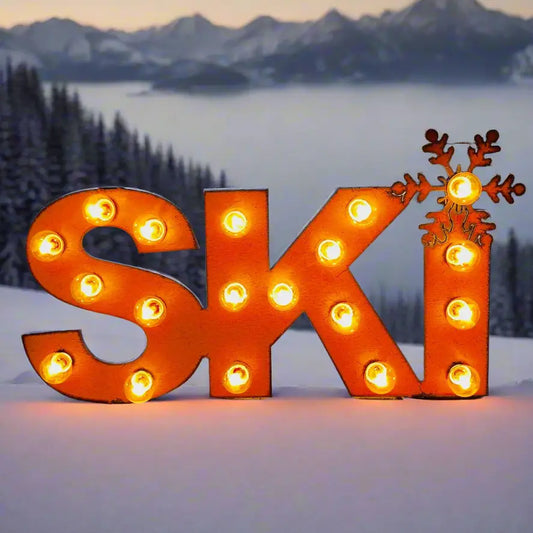 Ski Word Lighted Marquee Rusted Metal Sign Lodge Gift