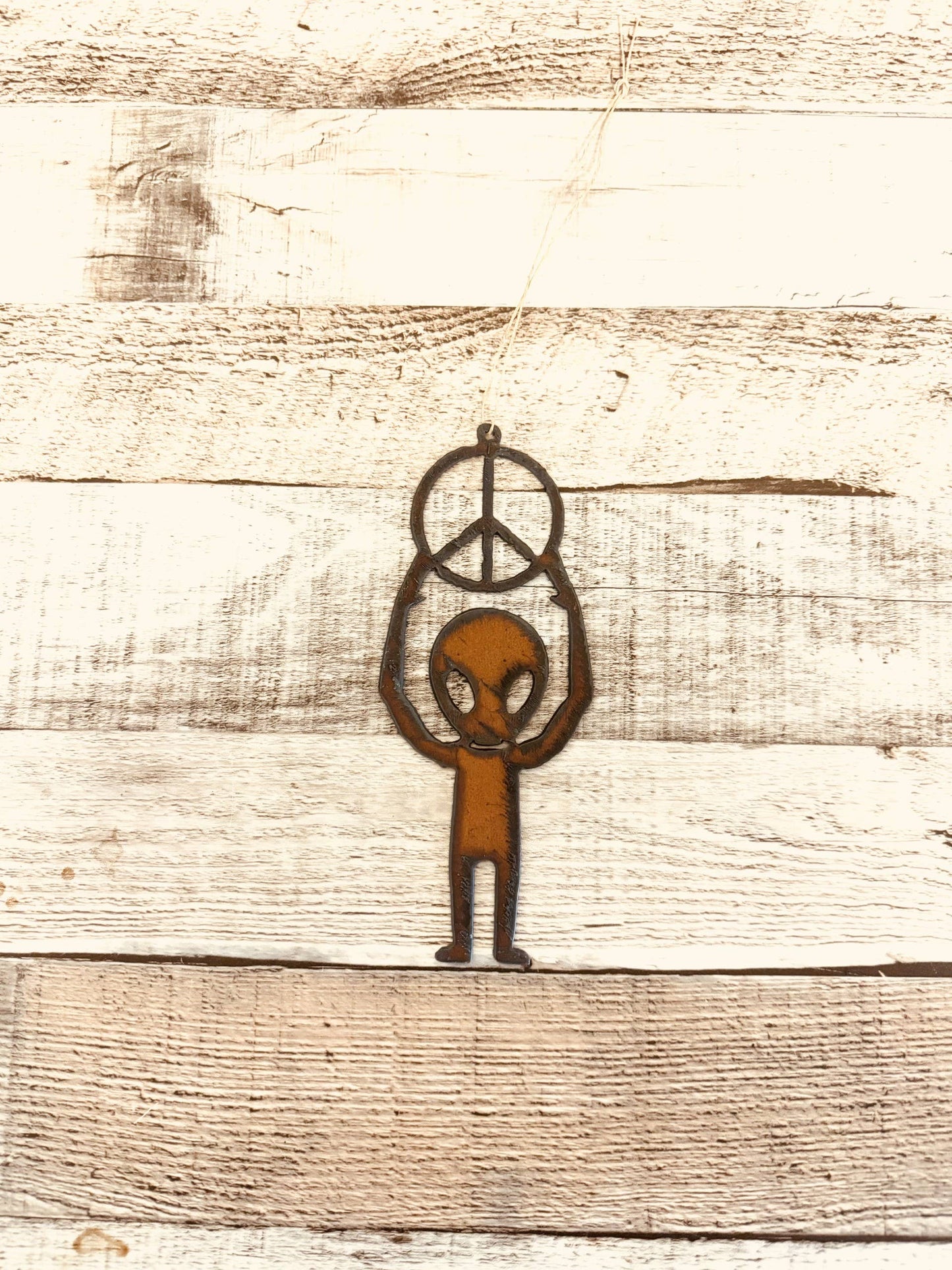 Full Body Alien Holding Peace Symbol Area 51 Rustic Ornament