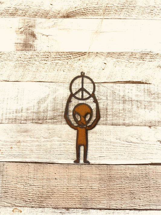 Full Body Alien Holding Peace Symbol Area 51 Rustic Ornament
