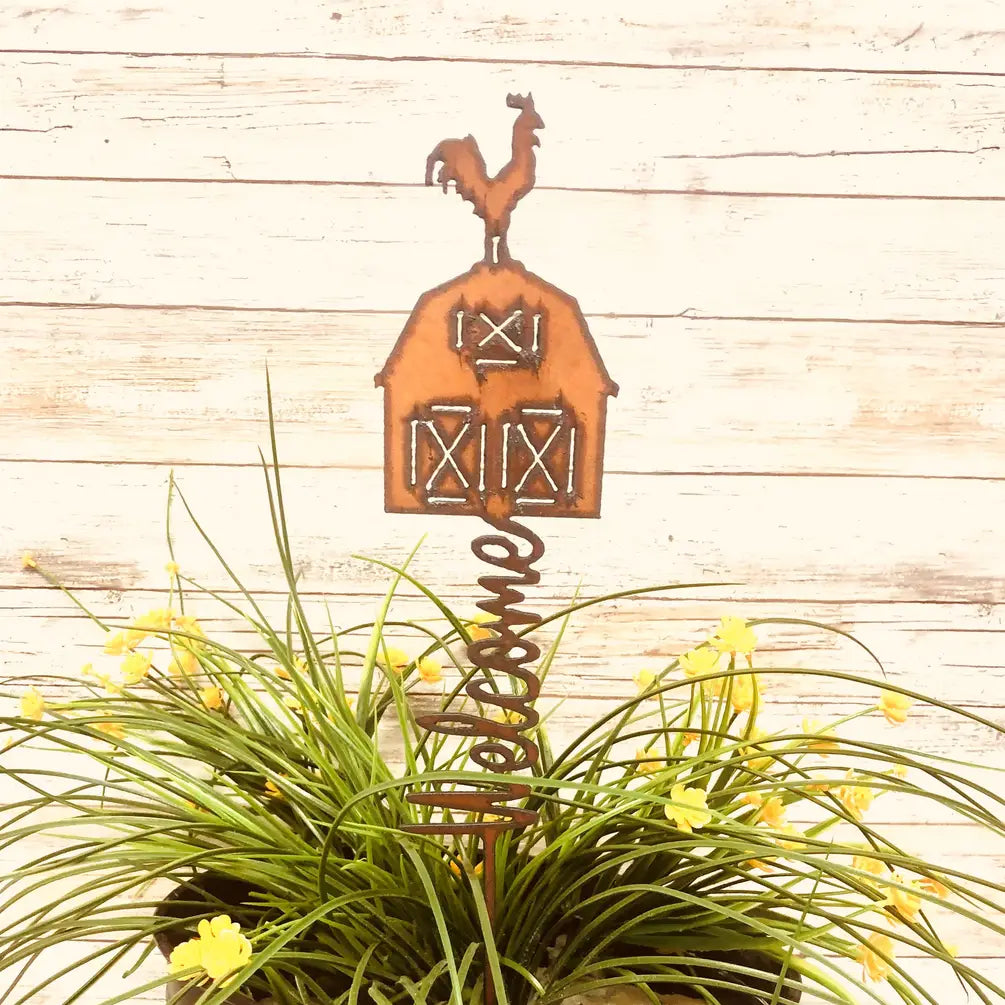 Barn with Rooster Welcome Vertical Plant Stake
