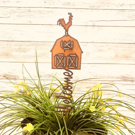 Barn with Rooster Welcome Vertical Plant Stake