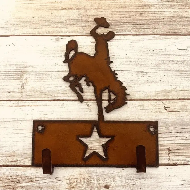 Wyoming Bronc Rider Double Key Hook Rusted Home Decor