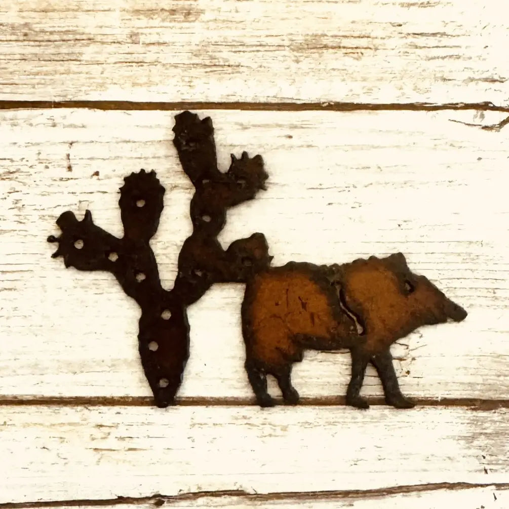 Javelina and Prickly Pear Desert Magnet Rusted Metal Gift
