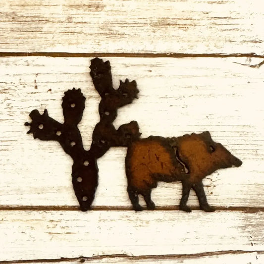 Javelina and Prickly Pear Desert Magnet Rusted Metal Gift