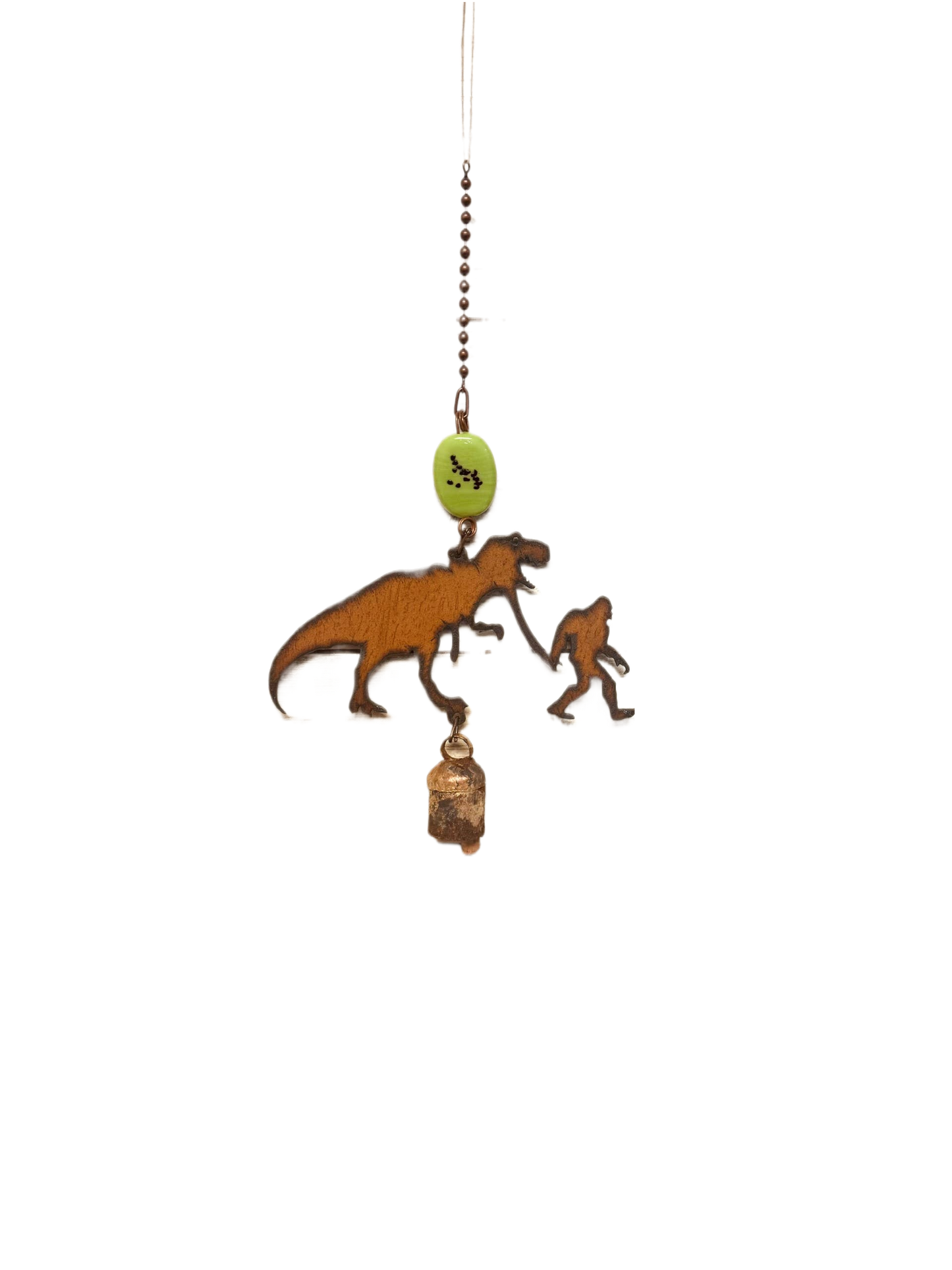 Tyrannosaurus Dinosaur with Bigfoot Yeti Rustic Metal Bell