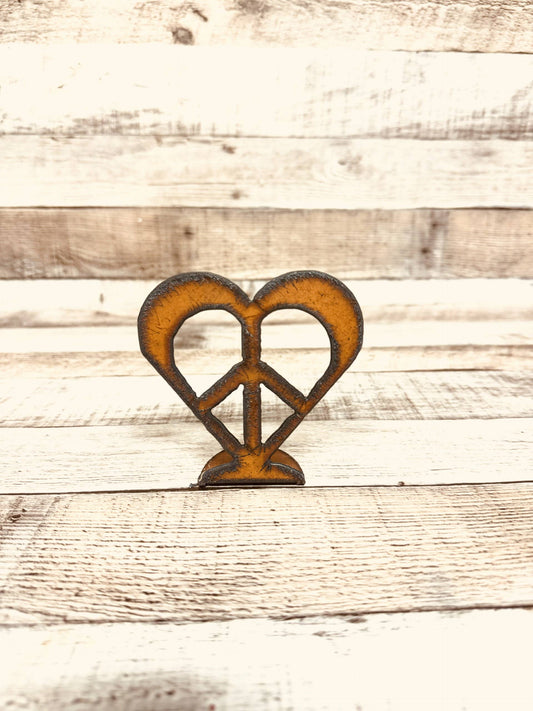 Heart with Peace Sign Rustic Metal Standing Figurine Hippie