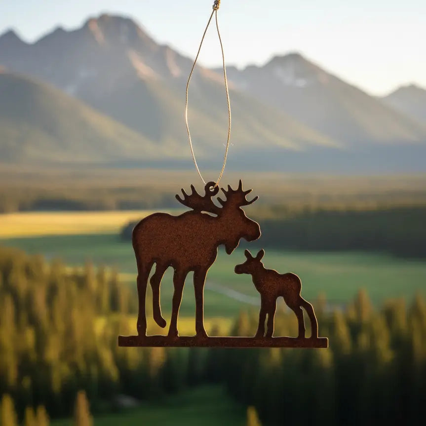 Moose and Baby Lodge Rustic Metal Ornament