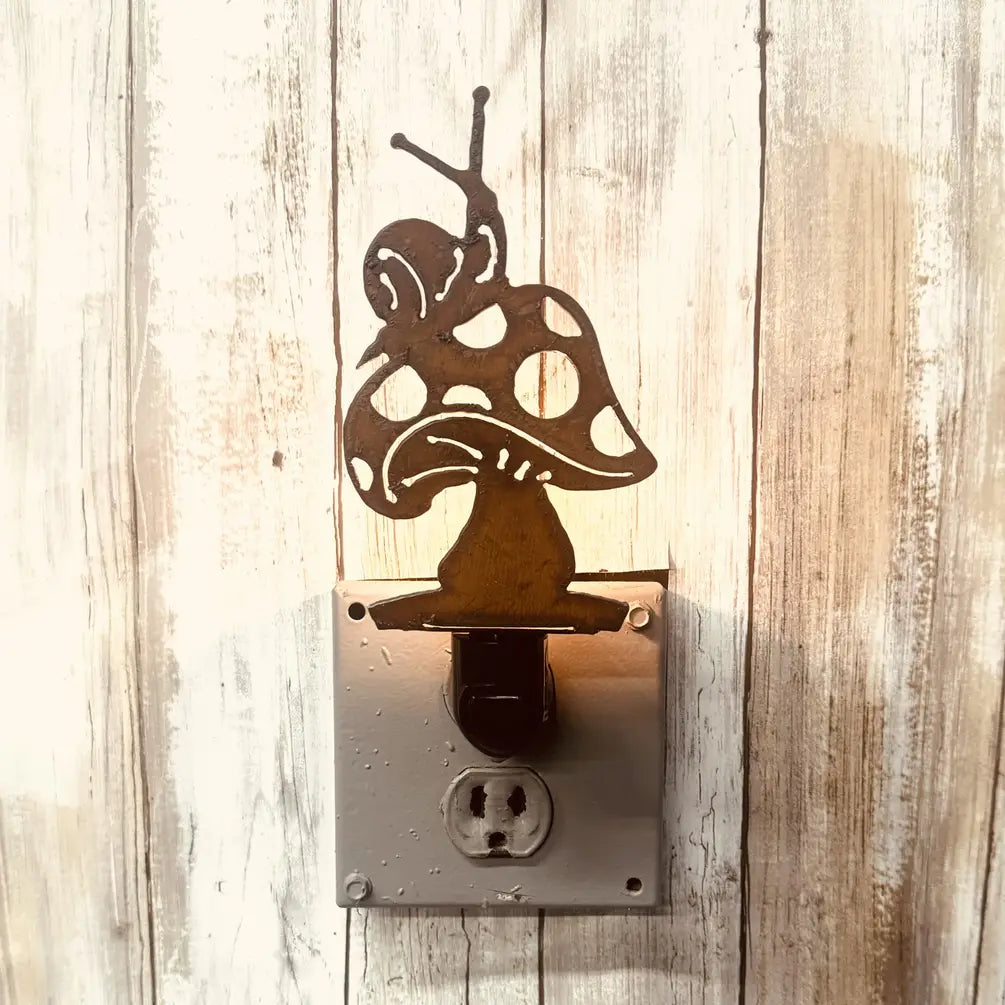 Mushroom with Snail Rustic Metal Image Night Light Fungi