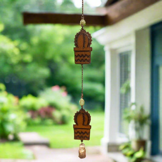 Potted Barrel Cactus Double Garden Bell Chime Southwest Gift