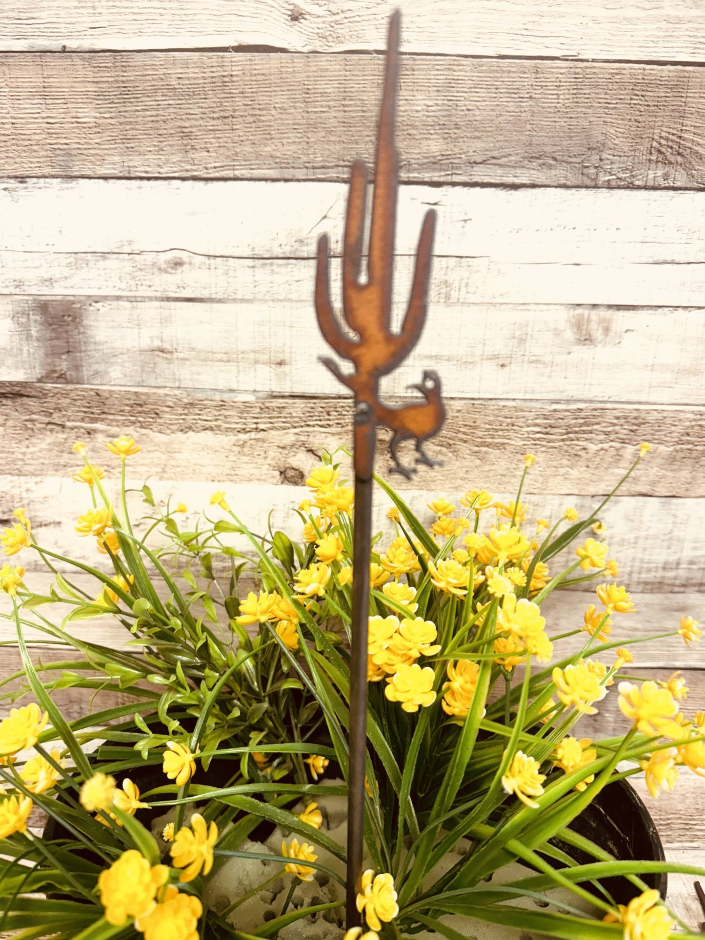 Roadrunner and Cactus Rustic Metal Garden Plant Stake