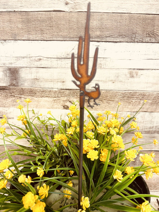 Roadrunner and Cactus Rustic Metal Garden Plant Stake