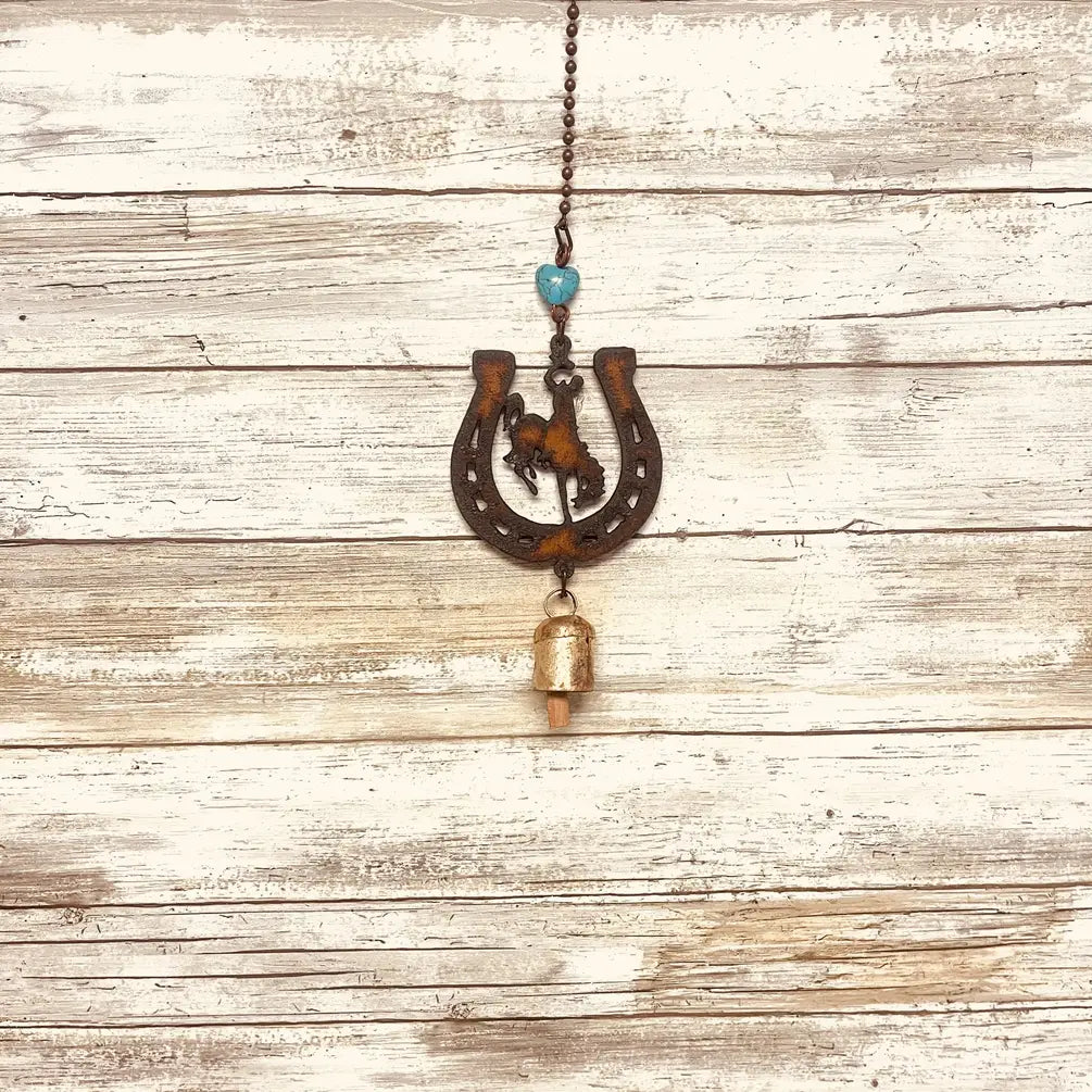 Horseshoe with Wyoming Bronc Rider Bell Rustic Metal Garden