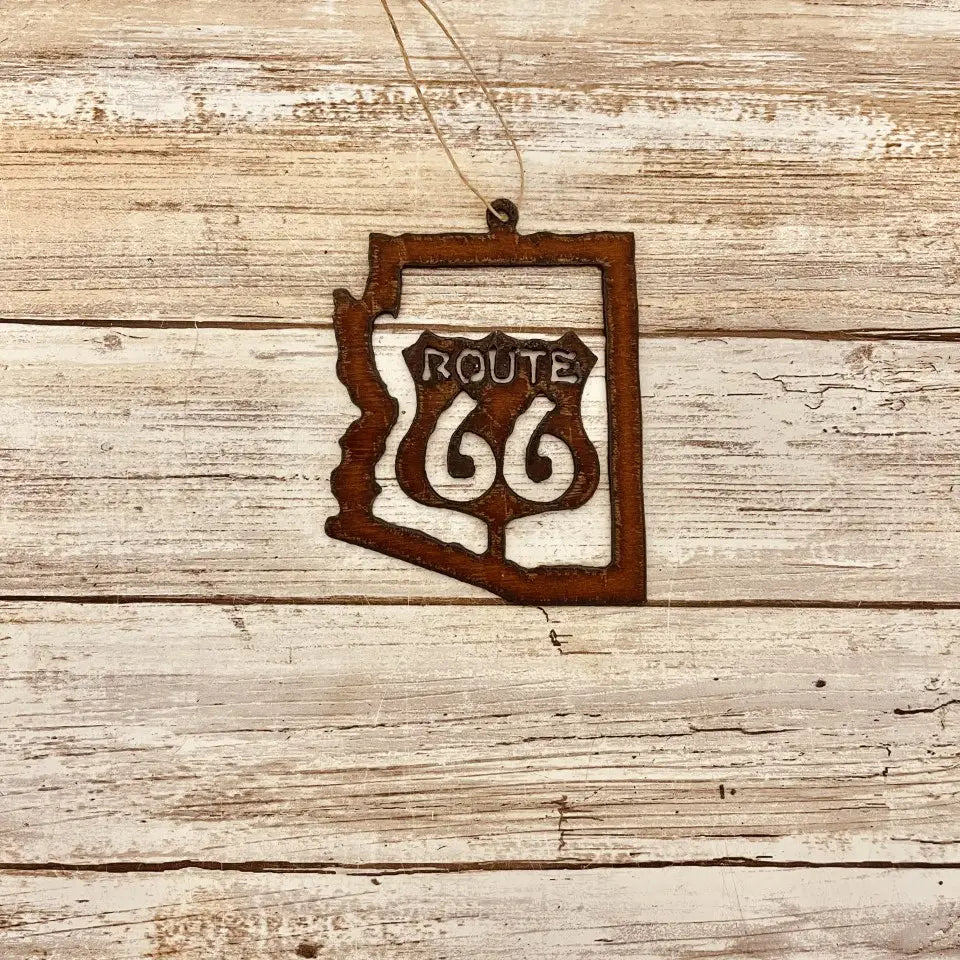 Arizona Outline Ornament with Route 66 Cutout Inside