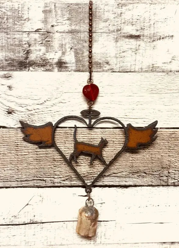 Flying Heart Outline with Cat and Halo Pet Memorial Bell