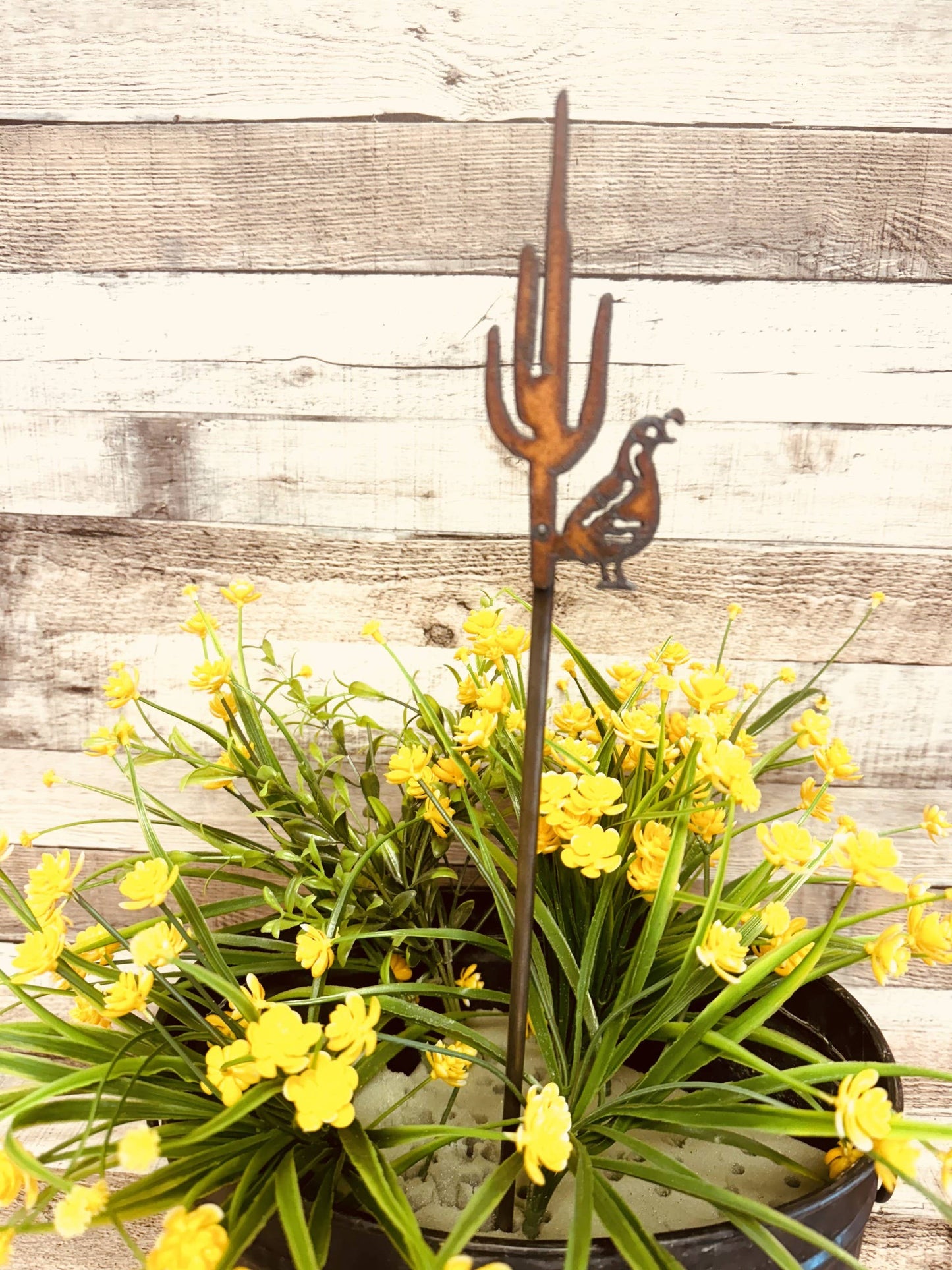 Quail and Cactus Rustic Metal Garden Plant Stake
