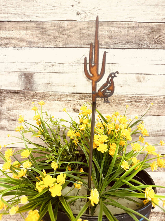 Quail and Cactus Rustic Metal Garden Plant Stake