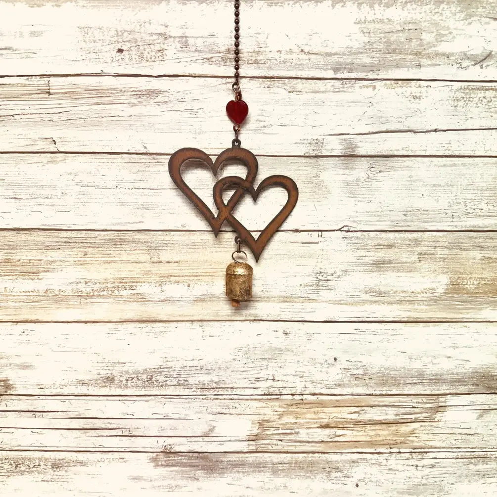 Double Heart Rustic Metal Garden Nana Bell Chime